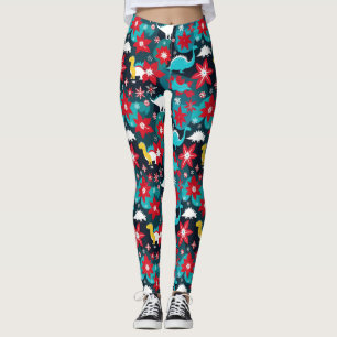 Cute Retro Christmas Dinosaurs in Blues and Red Leggings
