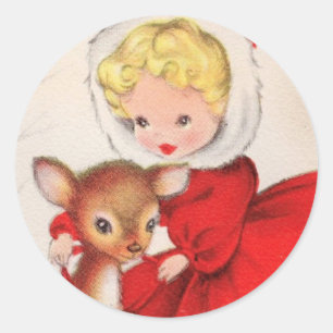 Cute Retro Christmas Girl With Baby Deer Classic Round Sticker
