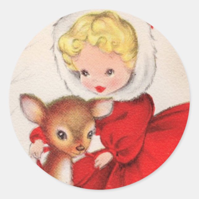 Cute Retro Christmas Girl With Baby Deer Classic Round Sticker (Front)