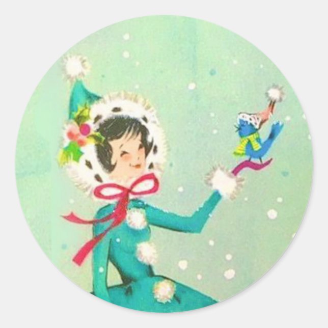 Cute Retro Christmas Girl With Bird Classic Round Sticker (Front)