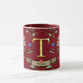 Cute Retro Christmas Monogram "T" with name  Mug