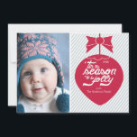 Cute Retro Christmas Ornament Photo Card<br><div class="desc">Cute retro red christmas ornament set on a modern blue and white diagonal stripe photo card with 'tis the season to be jolly typography.</div>