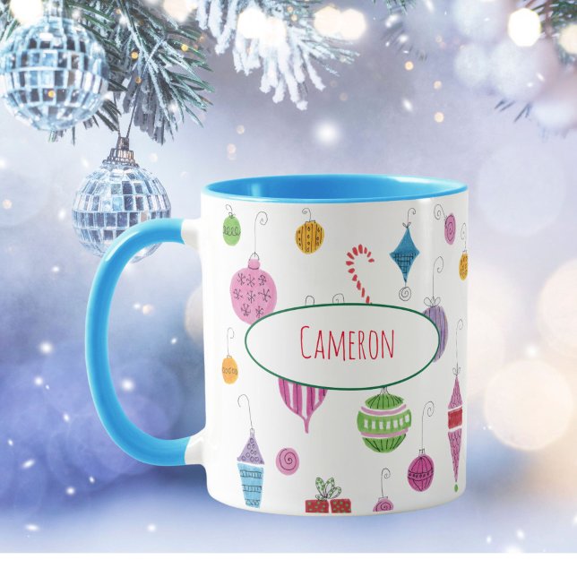 Cute Retro Christmas Ornaments Personalised Tea Mug (Tea, coffee and hot chocolate taste better when sipped from this unique, hand-illustrated mug!)