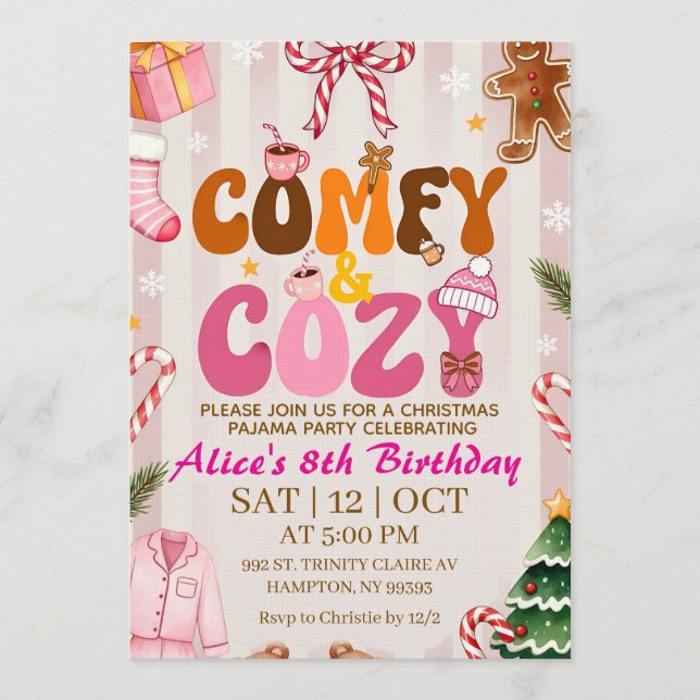 Cute Retro Christmas Pajama Party Girl Invitation (Front)