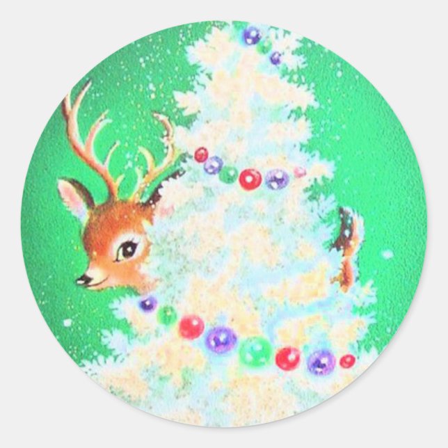 Cute Retro Christmas Peeking Baby Deer Classic Round Sticker (Front)