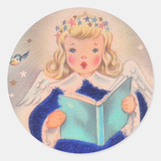 Cute Retro Christmas Singing Angel Girl Classic Round Sticker (Front)