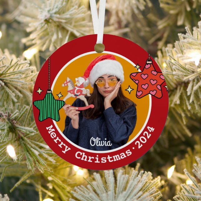 Cute Retro Christmas Stars Custom Image Metal Tree Decoration (Insitu)