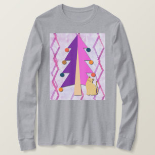 Cute Retro Christmas Tree and Cat Art on T-Shirt
