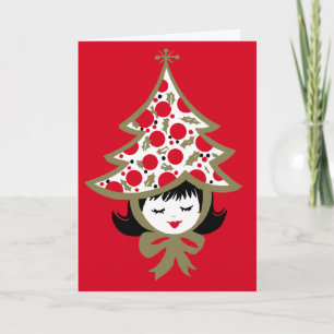 Cute Retro Christmas Tree Girl Red Card