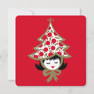 Cute Retro Christmas Tree Girl Red Holiday Card