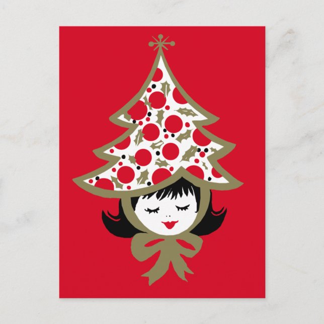 Cute Retro Christmas Tree Girl Red Holiday Postcard (Front)
