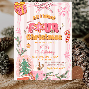 Cute Retro Christmas Winter 4th Birthday Invitation
