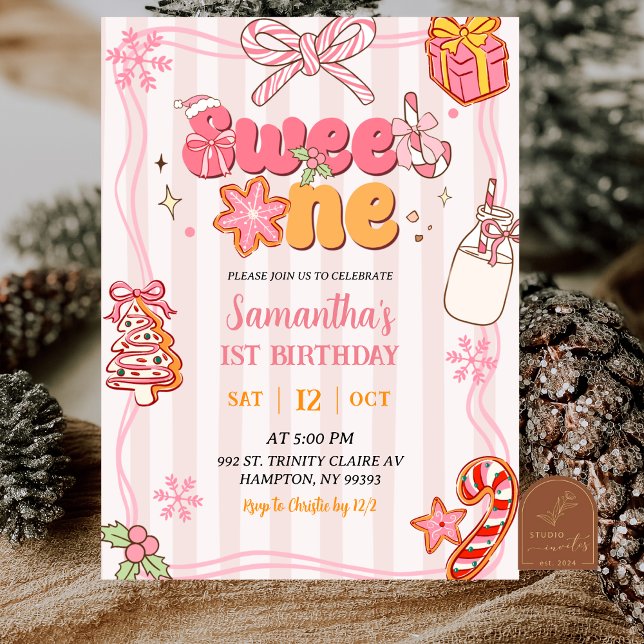 Cute Retro Christmas Winter Girl Sweet One  Invitation (Creator Uploaded)