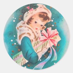 Cute Retro Christmas Winter Girl With Gift Classic Round Sticker