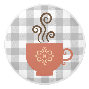 Cute Retro Coffee or Tea Cup on Grey Buffalo Ceramic Knob