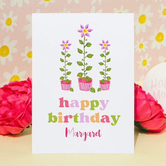 Cute Retro Colourful Floral Personalised Birthday Card (Pastel colors and retro typography give this hand-illustrated birthday card a cute 1970s look.)