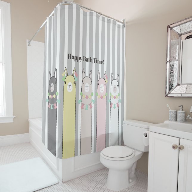 Cute Retro Colourful Llamas Shower Curtain (In Situ)