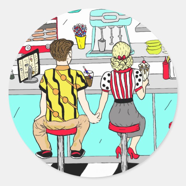 Cute Retro Couple Holding Hands at Diner Classic Round Sticker (Front)