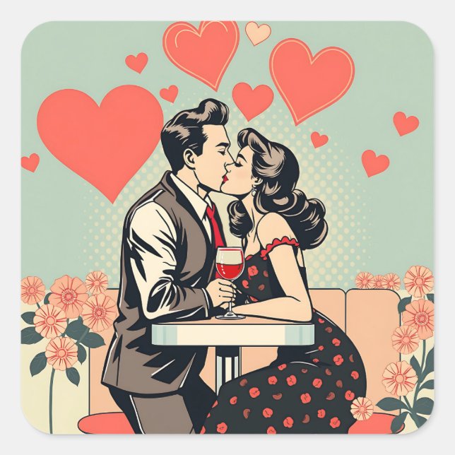 Cute Retro Couple Kissing Pop Art Hearts Square Sticker (Front)