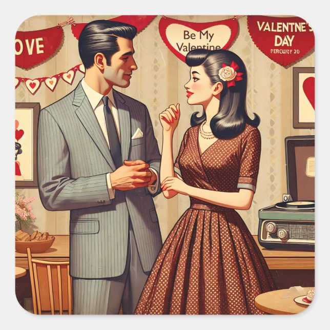 Cute Retro Couple Valentine's Day  Square Sticker (Front)