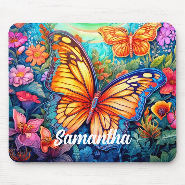 Cute Retro Custom Butterfly Monogram Name Mouse Mat (Front)
