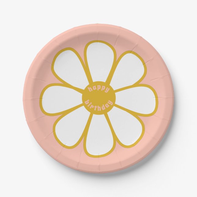 Cute Retro Daisy Flower Happy Birthday Paper Plate (Front)