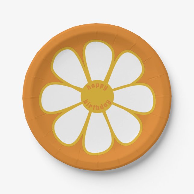 Cute Retro Daisy Flower Happy Birthday Paper Plate (Front)