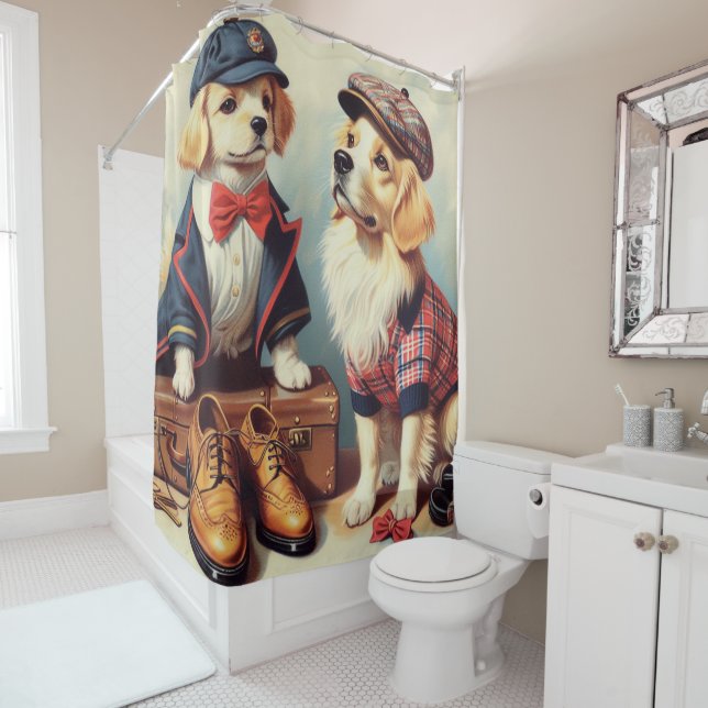 Cute Retro Dogs Oil Painting Shower Curtain (In Situ)