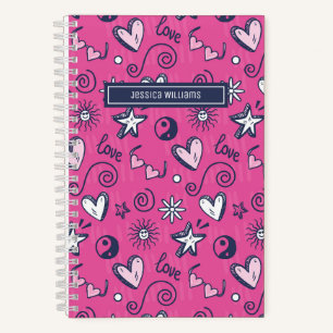 Cute Retro Doodle Heart Star Love Pattern Pink Notebook