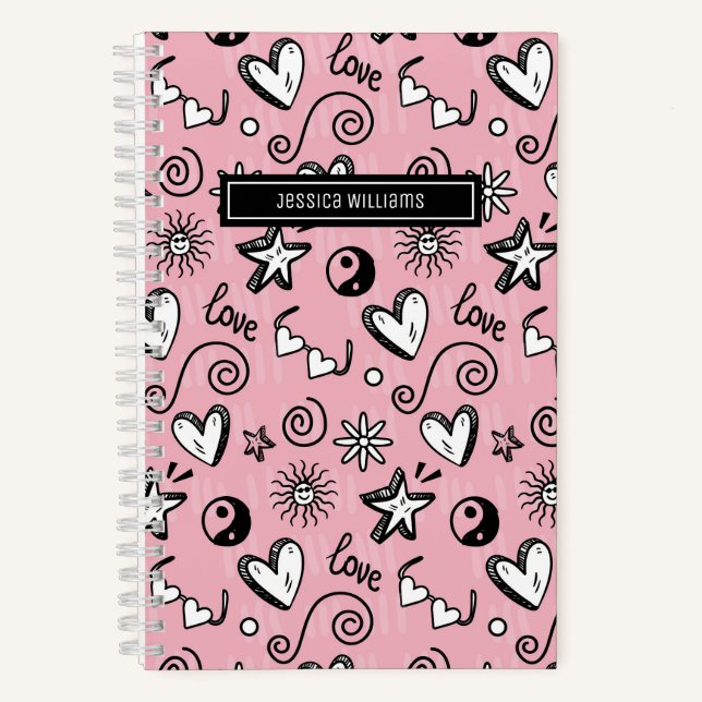 Cute Retro Doodle Heart Star Love Swirl Pattern Notebook (Front)