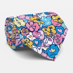 Cute Retro Doodle Hearts Flowers Blue Pink Pattern Tie