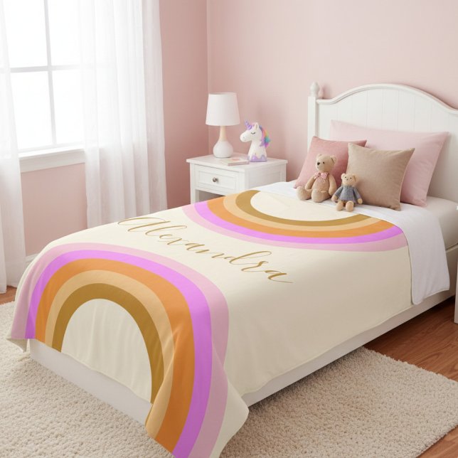 Cute Retro Double Rainbow Personalised Script Pink Sherpa Blanket (Creator Uploaded)