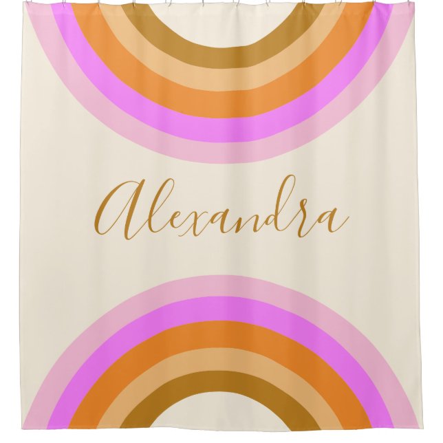 Cute Retro Double Rainbow Personalised Script Pink Shower Curtain (Front)