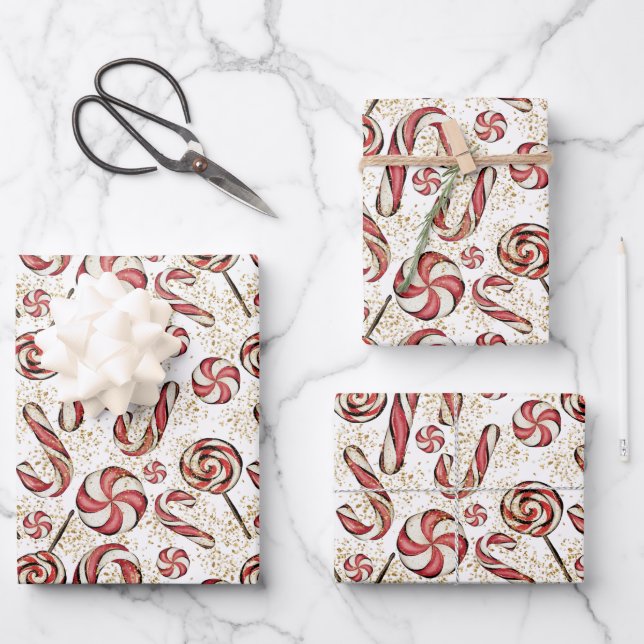 Cute Retro Festive Candy Cane Lollipops Pattern Wrapping Paper Sheet (Front)