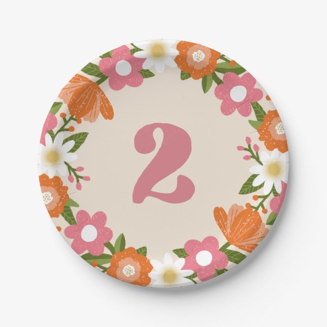 Cute Retro Floral 2 | Girls Second Birthday Paper Plate (Front)