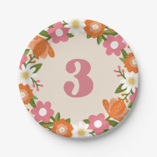 Cute Retro Floral 3   Girls Third Birthday Paper Plate