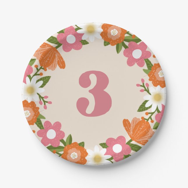 Cute Retro Floral 3 | Girls Third Birthday Paper Plate (Front)