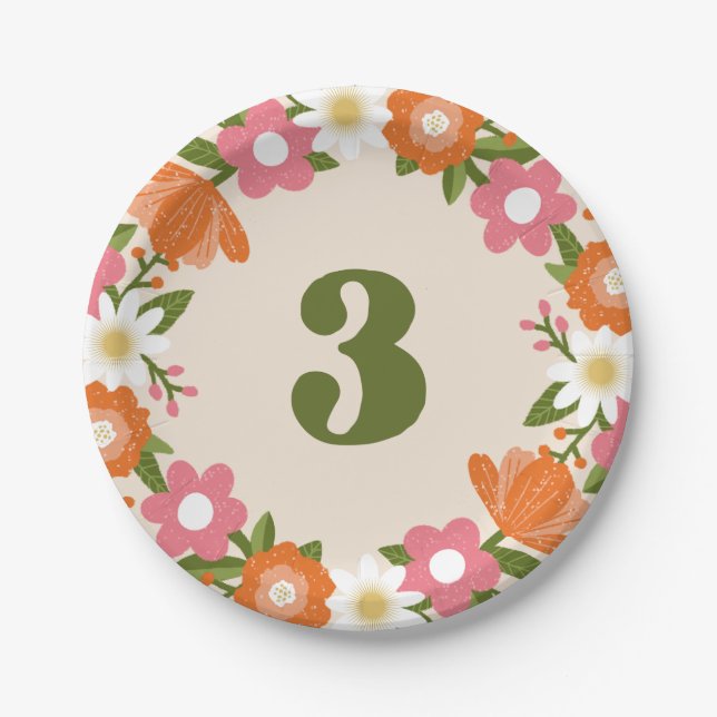 Cute Retro Floral 3 | Girls Third Birthday Paper Plate (Front)