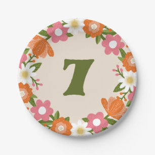 Cute Retro Floral 7 Girls Seventh Birthday Paper Plate