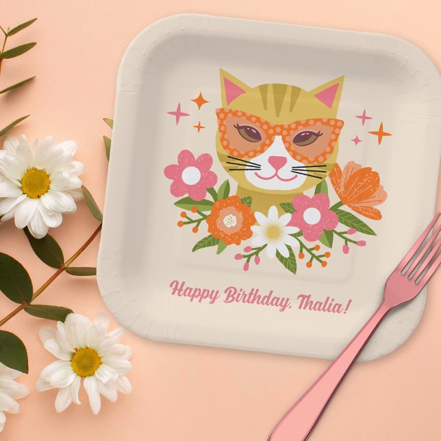 Cute Retro Floral Cat Girls Birthday Paper Plate (Creator Uploaded)
