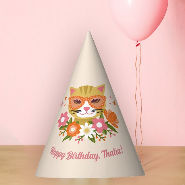 Cute Retro Floral Cat Girls Birthday Party Hat (Creator Uploaded)