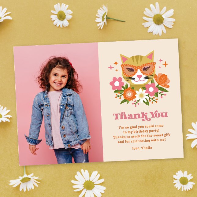 Cute Retro Floral Cat Photo Birthday Thank You Card (Creator Uploaded)