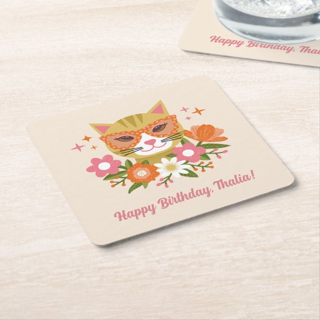 Cute Retro Floral Cool Cat Girls Birthday Square Paper Coaster (Angled)