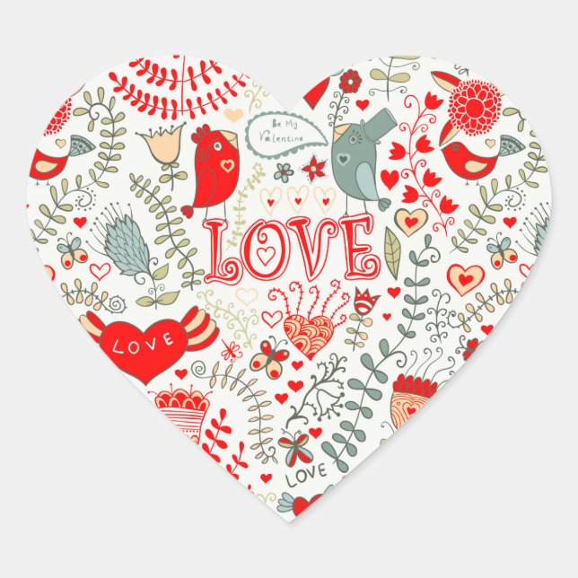 Cute Retro Floral Illustration Valentines Design Heart Sticker (Front)
