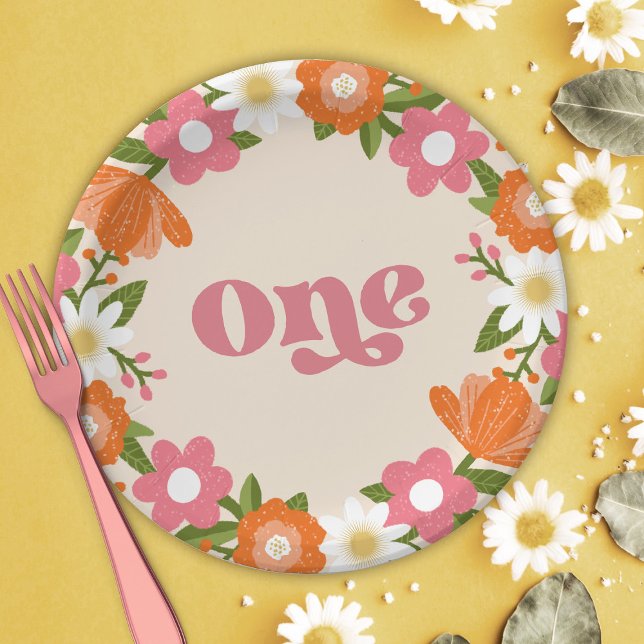 Cute Retro Floral One | Baby's First Birthday  Paper Plate (Creator Uploaded)