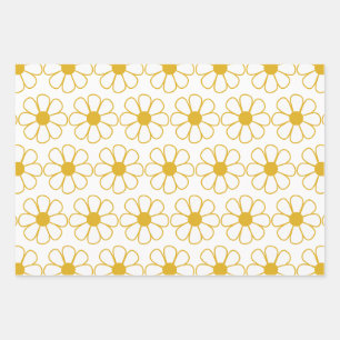 Cute Retro Floral Pattern Mustard & White Wrapping Paper Sheet