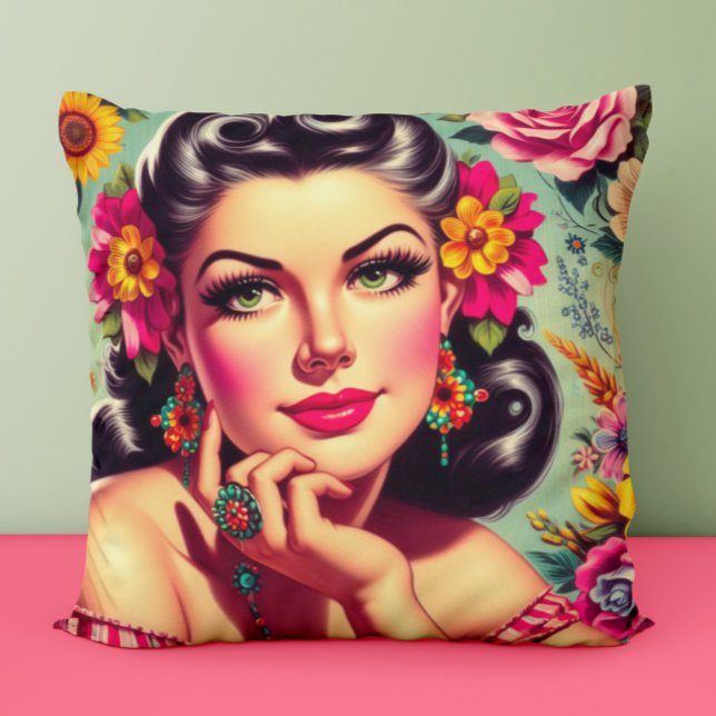 Cute Retro Floral Pin-up Portrait Cushion (Creator Uploaded)