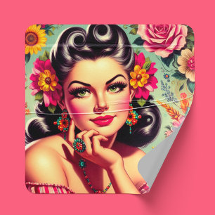 Cute Retro Floral Pin-up Portrait Square Sticker