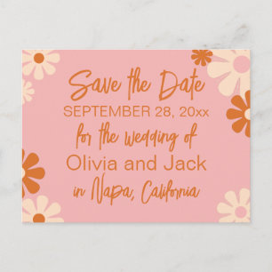 Cute Retro Floral Pink and Orange Save the Date Postcard