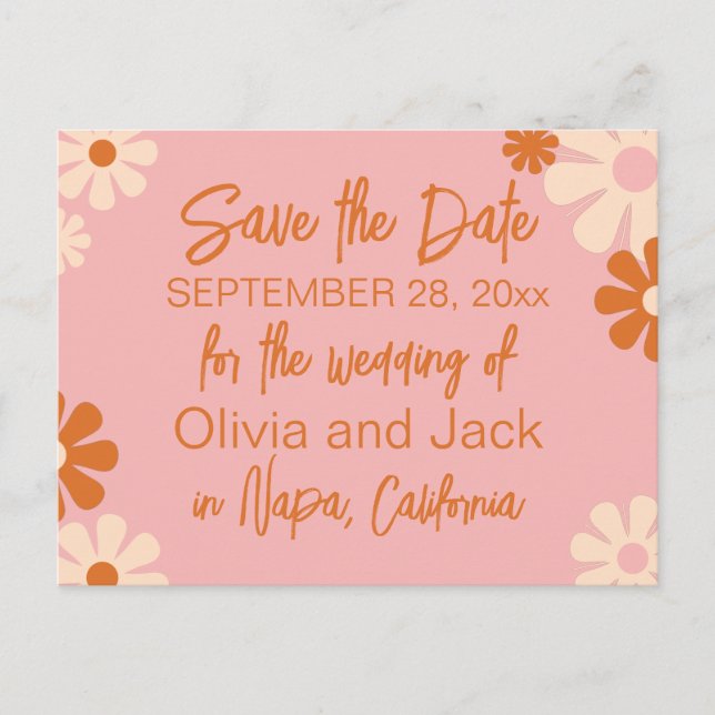Cute Retro Floral Pink and Orange Save the Date Postcard (Front)